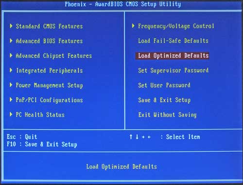 Epia ML Motherboard BIOS Main Screen: Load Optimized Defaults