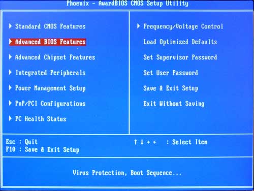 Image of M830 BIOS Main Screen with Advanced Features highlighted