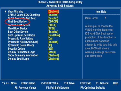 Image of ML BIOS Advanced Features Screen with First Boot Device Circled