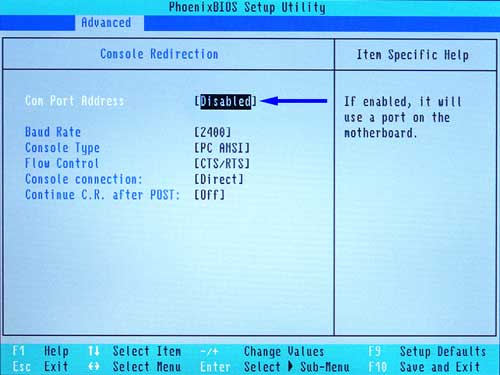 ZF Micro Motherboard BIOS Advanced Screen: Console Redirect
