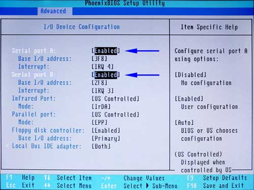 ZF Micro Motherboard BIOS Advanced Screen: I/O  Device Configuration