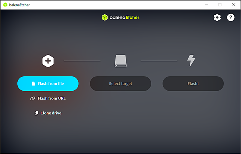 Image of balena Etcher main menu with Flash from file highlighted