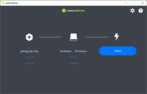 Image of balena Etcher main menu with Flash! highlighted