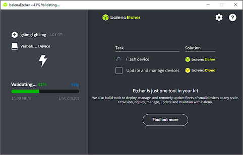 Image of balena Etcher validating progress screen